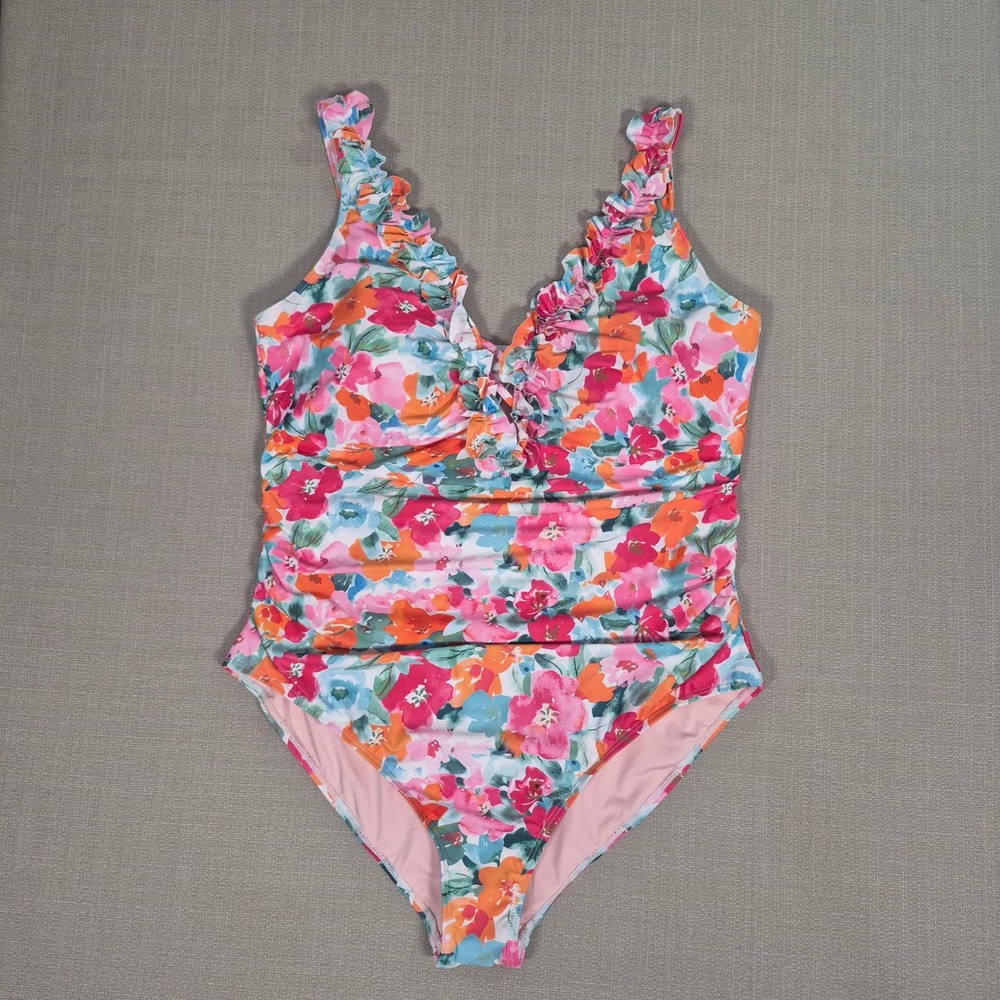 Floral One Piece Swimsuit Tummy Control Ruffle V-Neck Multicolor Size 2XL